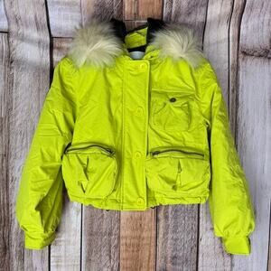 Anthropologie Coat Puffer Cropped Faux Fur Hood‎ Neon Lime Green Winter XXS NWT